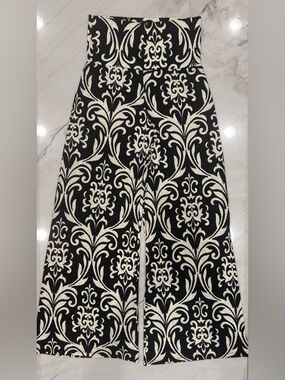 High-Waist Wide-Leg Black & Cream Patterned Pants Same Day Shipping